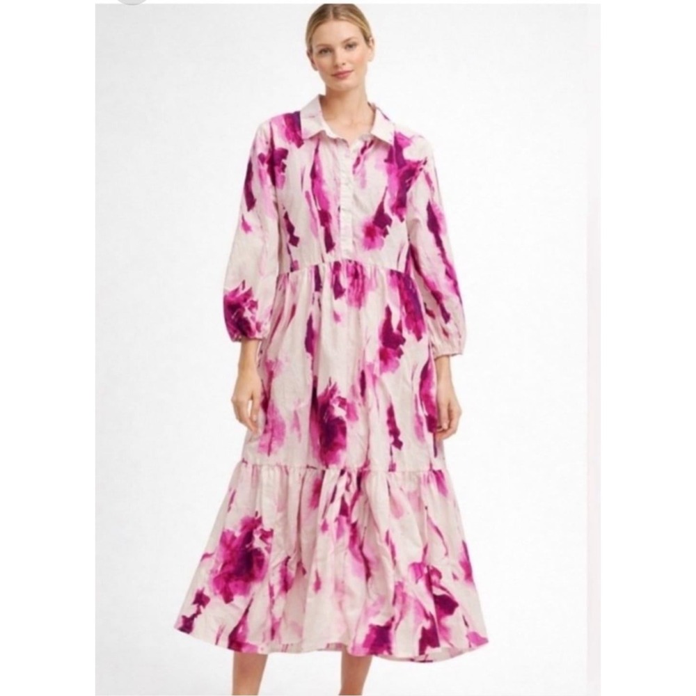 Maeve by Anthropologie Pink Abstract Watercolor Tiered Midi Shirt Dress Small